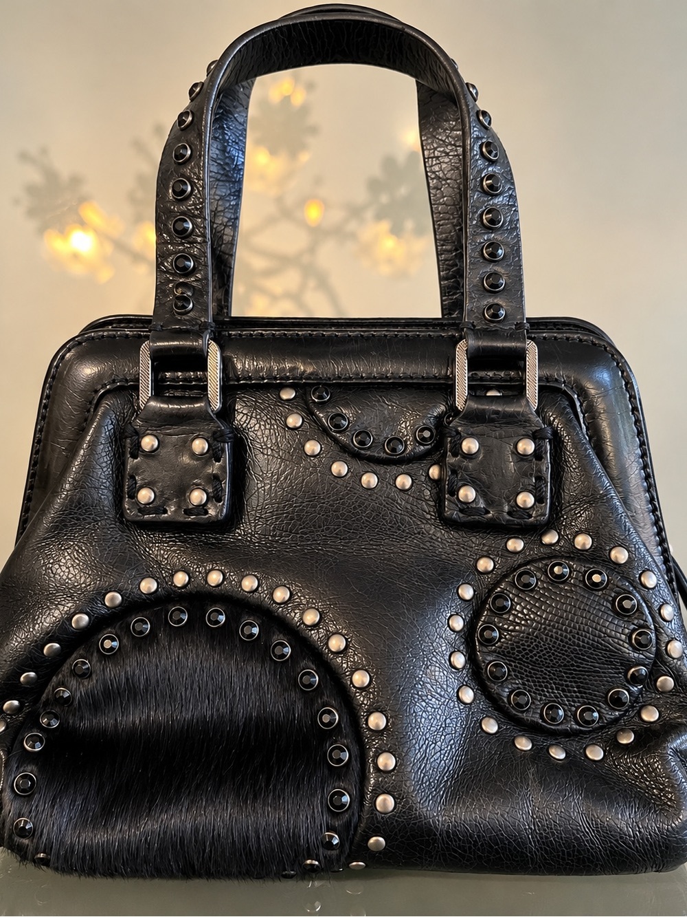 Francesco Biasia Black Genuine Leather Studded Y2K Handbag